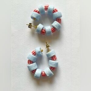 Handmade Beaded Hoop Earrings | Red/White Stripe and Sky Blue | Made in Ghana